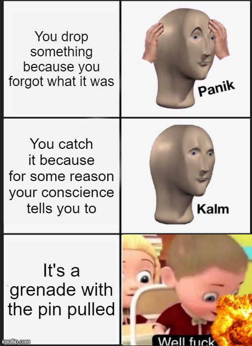 boom | You drop something because you forgot what it was; You catch it because for some reason your conscience tells you to; It's a grenade with the pin pulled | image tagged in memes,panik kalm panik,grenade,dark humor,funny | made w/ Imgflip meme maker