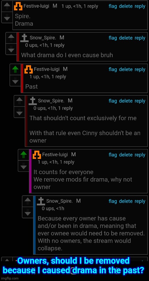 Owners, should I be removed because I caused drama in the past? | image tagged in owner debate on spire | made w/ Imgflip meme maker