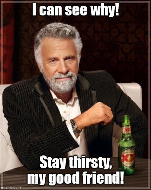 The Most Interesting Man In The World Meme | I can see why! Stay thirsty, my good friend! | image tagged in memes,the most interesting man in the world | made w/ Imgflip meme maker