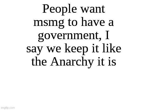 Blank White Template | People want msmg to have a government, I say we keep it like the Anarchy it is | image tagged in blank white template | made w/ Imgflip meme maker