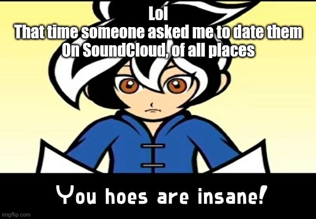 You hoes are insane! | Lol
That time someone asked me to date them
On SoundCloud, of all places | image tagged in you hoes are insane | made w/ Imgflip meme maker