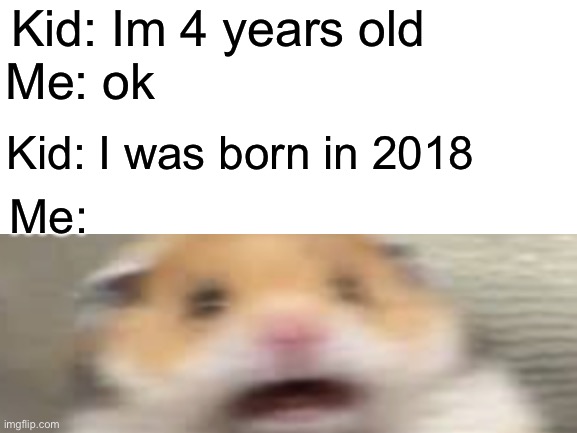 ?we are getting old |  Kid: Im 4 years old; Me: ok; Kid: I was born in 2018; Me: | image tagged in 2022,2018,scared hamster,meme,funny | made w/ Imgflip meme maker