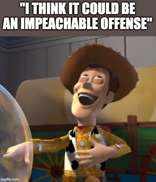 Woody Laugh | "I THINK IT COULD BE AN IMPEACHABLE OFFENSE" | image tagged in woody laugh | made w/ Imgflip meme maker