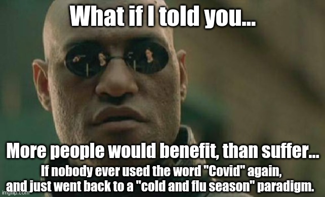 Take The Red Pill |  What if I told you... More people would benefit, than suffer... If nobody ever used the word "Covid" again, and just went back to a "cold and flu season" paradigm. | image tagged in memes,matrix morpheus | made w/ Imgflip meme maker