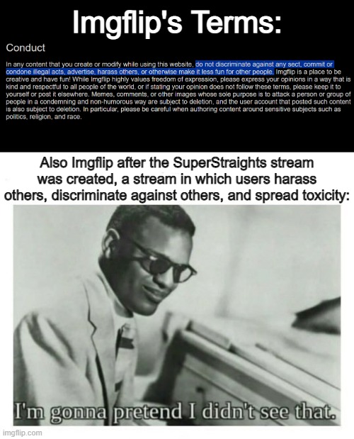 Absolutely ridiculous. Shame that the site MODs seemed to stop caring about their jobs (¬_¬ ) | Imgflip's Terms:; Also Imgflip after the SuperStraights stream was created, a stream in which users harass others, discriminate against others, and spread toxicity: | image tagged in i'm gonna pretend i didn't see that,shame,ridiculous,bruh moment,terms and conditions,wth | made w/ Imgflip meme maker