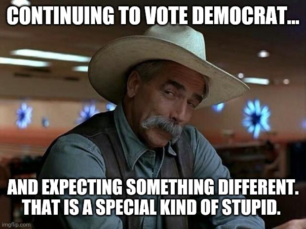 It really is. | CONTINUING TO VOTE DEMOCRAT... AND EXPECTING SOMETHING DIFFERENT. THAT IS A SPECIAL KIND OF STUPID. | image tagged in special kind of stupid | made w/ Imgflip meme maker