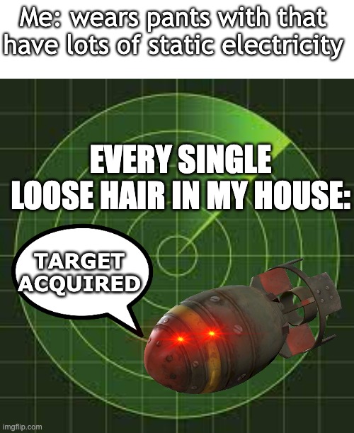 this is how you know its winter time :/ | Me: wears pants with that have lots of static electricity; EVERY SINGLE LOOSE HAIR IN MY HOUSE:; TARGET ACQUIRED | image tagged in nuke,funny,hair | made w/ Imgflip meme maker