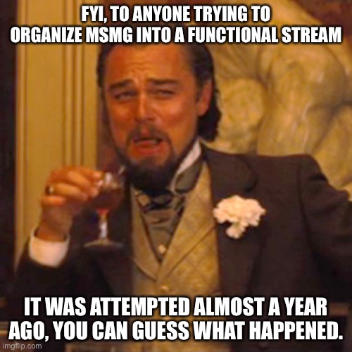 Laughing Leo | FYI, TO ANYONE TRYING TO ORGANIZE MSMG INTO A FUNCTIONAL STREAM; IT WAS ATTEMPTED ALMOST A YEAR AGO, YOU CAN GUESS WHAT HAPPENED. | image tagged in memes,laughing leo | made w/ Imgflip meme maker