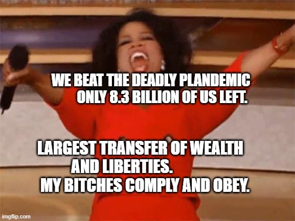 Oprah You get | WE BEAT THE DEADLY PLANDEMIC          ONLY 8.3 BILLION OF US LEFT. LARGEST TRANSFER OF WEALTH AND LIBERTIES.                 MY BITCHES COMPLY AND OBEY. | image tagged in oprah you get | made w/ Imgflip meme maker