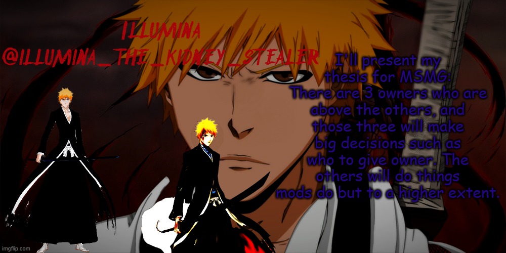 illumina ichigo temp | I'll present my thesis for MSMG:
There are 3 owners who are above the others, and those three will make big decisions such as who to give owner. The others will do things mods do but to a higher extent. | image tagged in illumina ichigo temp | made w/ Imgflip meme maker