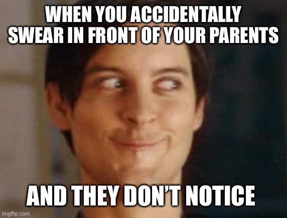 1st comes the panic then the relief followed by the strong desire to burst out laughing | WHEN YOU ACCIDENTALLY SWEAR IN FRONT OF YOUR PARENTS; AND THEY DON’T NOTICE | image tagged in spiderman peter parker,swearing,infront of,parents,language,tobey maguire | made w/ Imgflip meme maker