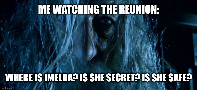 Is It Secret? Gandalf | ME WATCHING THE REUNION:; WHERE IS IMELDA? IS SHE SECRET? IS SHE SAFE? | image tagged in is it secret gandalf | made w/ Imgflip meme maker