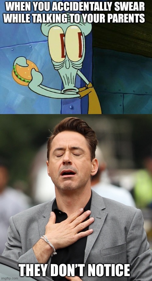 This is the exact reason why I don’t swear a lot especially when talking to other people | WHEN YOU ACCIDENTALLY SWEAR WHILE TALKING TO YOUR PARENTS; THEY DON’T NOTICE | image tagged in oh shit squidward,relieved rdj,swearing,language,parents,its terrifying | made w/ Imgflip meme maker