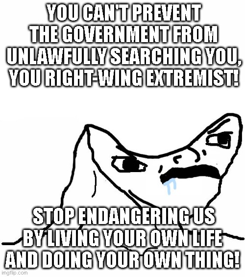 Angry Brainlet  | YOU CAN'T PREVENT THE GOVERNMENT FROM UNLAWFULLY SEARCHING YOU, YOU RIGHT-WING EXTREMIST! STOP ENDANGERING US BY LIVING YOUR OWN LIFE AND DO | image tagged in angry brainlet | made w/ Imgflip meme maker