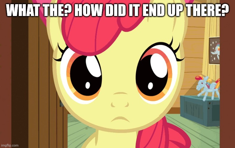 Confused Applebloom (MLP) | WHAT THE? HOW DID IT END UP THERE? | image tagged in confused applebloom mlp | made w/ Imgflip meme maker