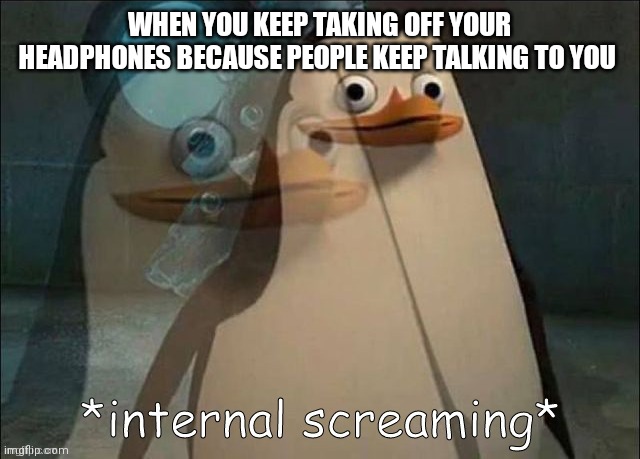 Private Internal Screaming | WHEN YOU KEEP TAKING OFF YOUR HEADPHONES BECAUSE PEOPLE KEEP TALKING TO YOU | image tagged in private internal screaming | made w/ Imgflip meme maker