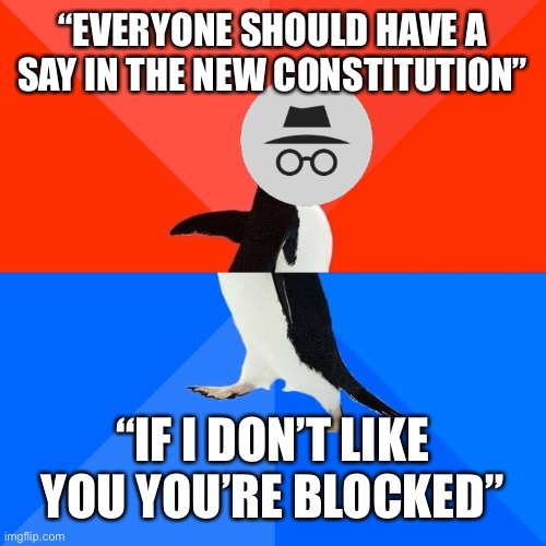 Socially Awesome Awkward Penguin | “EVERYONE SHOULD HAVE A SAY IN THE NEW CONSTITUTION”; “IF I DON’T LIKE YOU YOU’RE BLOCKED” | image tagged in memes,socially awesome awkward penguin | made w/ Imgflip meme maker