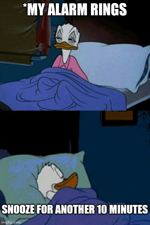 sleepy donald duck in bed | *MY ALARM RINGS; SNOOZE FOR ANOTHER 10 MINUTES | image tagged in sleepy donald duck in bed | made w/ Imgflip meme maker