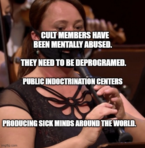 mask, flute, pleasure, music | CULT MEMBERS HAVE BEEN MENTALLY ABUSED.                         THEY NEED TO BE DEPROGRAMED. PUBLIC INDOCTRINATION CENTERS                                                                                                                                    PRODUCING SICK MINDS AROUND THE WORLD. | image tagged in mask flute pleasure music | made w/ Imgflip meme maker