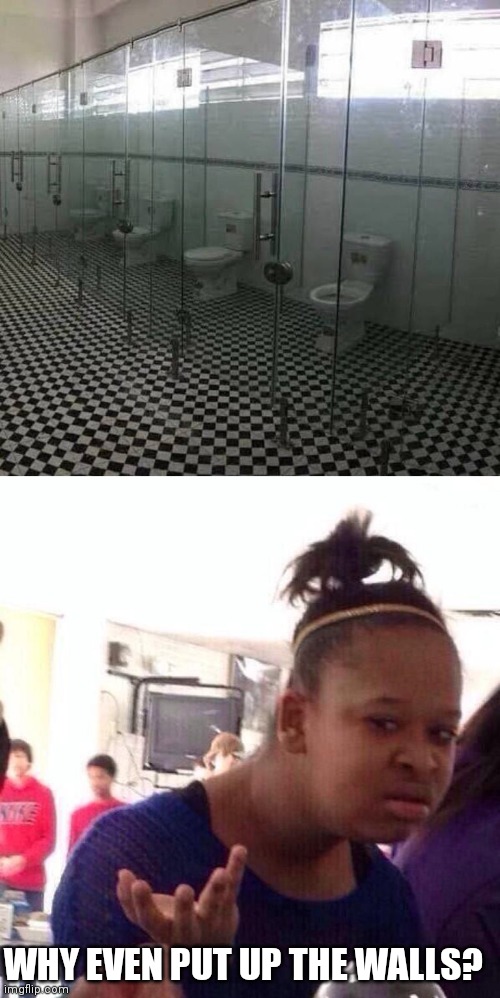 WHAT'S THE POINT? | WHY EVEN PUT UP THE WALLS? | image tagged in memes,black girl wat,wtf,bathroom,toilets | made w/ Imgflip meme maker
