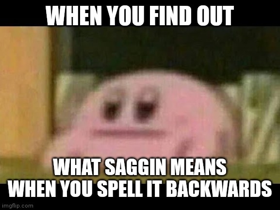 O_O | WHEN YOU FIND OUT; WHAT SAGGIN MEANS WHEN YOU SPELL IT BACKWARDS | image tagged in kirby derp-face | made w/ Imgflip meme maker