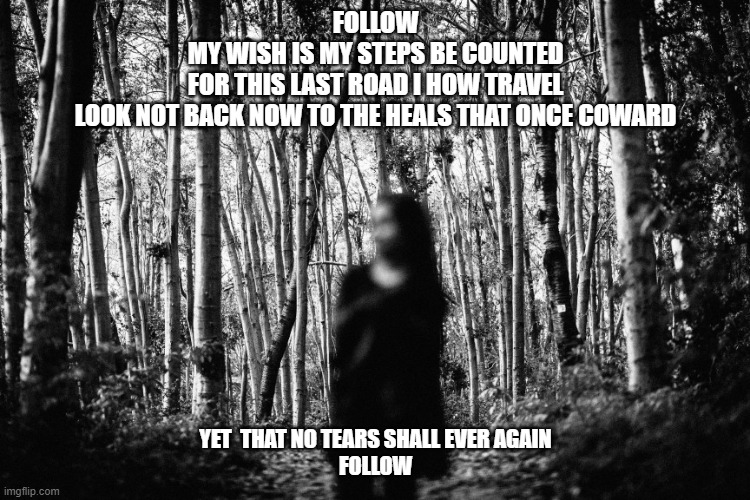 Follow | FOLLOW

MY WISH IS MY STEPS BE COUNTED
FOR THIS LAST ROAD I HOW TRAVEL

LOOK NOT BACK NOW TO THE HEALS THAT ONCE COWARD; YET  THAT NO TEARS SHALL EVER AGAIN
FOLLOW | image tagged in follow | made w/ Imgflip meme maker