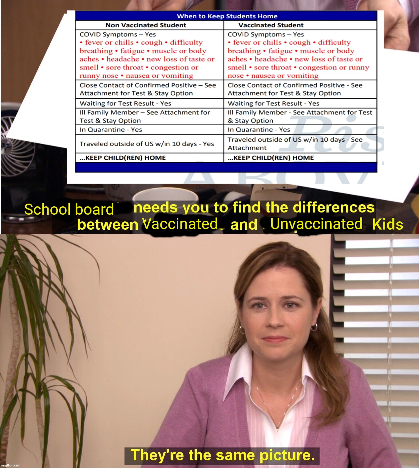 Actual memo sent by my kids school. | School board; Kids; Vaccinated; Unvaccinated | image tagged in memes,they're the same picture | made w/ Imgflip meme maker