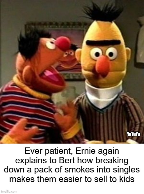 We All Gotta' Have a Side Gig, Bert | YaYaYa; Ever patient, Ernie again explains to Bert how breaking down a pack of smokes into singles makes them easier to sell to kids | image tagged in ernie and bert | made w/ Imgflip meme maker