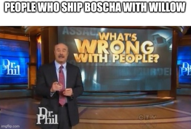 MY DOG HAS JUST BEEN EUTHANIZED SHE WAS OLD AND POORLY WHY DID THEY COME TO OUR HOUSE WHY DID THEY DO IT NEXT TO ME IM HEARTBROK | PEOPLE WHO SHIP BOSCHA WITH WILLOW | image tagged in dr phil what's wrong with people | made w/ Imgflip meme maker