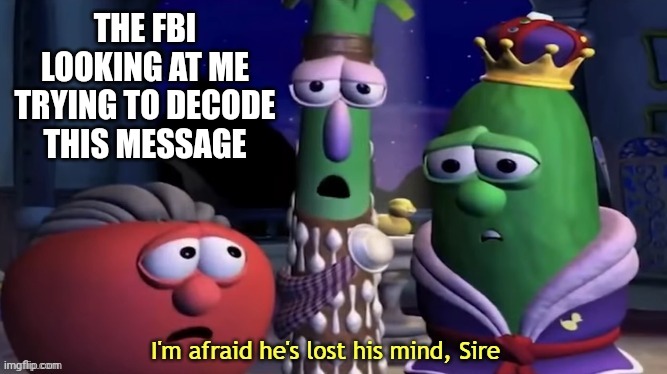 I'm Afraid He's Lost His Mind, Sire | THE FBI LOOKING AT ME TRYING TO DECODE THIS MESSAGE | image tagged in i'm afraid he's lost his mind sire | made w/ Imgflip meme maker