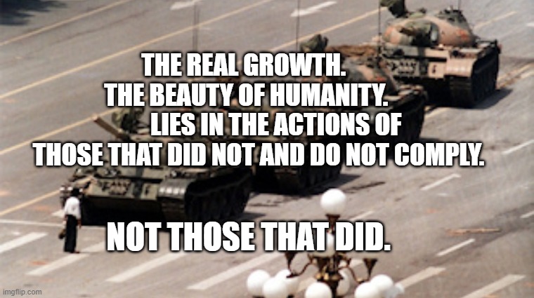 Tank Man | THE REAL GROWTH.         THE BEAUTY OF HUMANITY.             LIES IN THE ACTIONS OF THOSE THAT DID NOT AND DO NOT COMPLY. NOT THOSE THAT DID. | image tagged in tank man | made w/ Imgflip meme maker