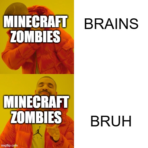 MINECRAFT ZOMBIES BE LIKE: | BRAINS; MINECRAFT
ZOMBIES; MINECRAFT
ZOMBIES; BRUH | image tagged in memes,drake hotline bling | made w/ Imgflip meme maker