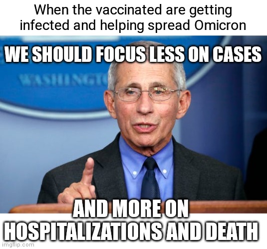 Should have been focusing on this from the beginning. | When the vaccinated are getting infected and helping spread Omicron; WE SHOULD FOCUS LESS ON CASES; AND MORE ON HOSPITALIZATIONS AND DEATH | image tagged in dr fauci,covid-19,democrats,cdc | made w/ Imgflip meme maker