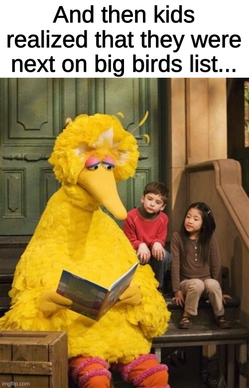 what the... | And then kids realized that they were next on big birds list... | image tagged in dark humor | made w/ Imgflip meme maker