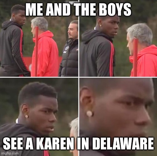 Gang | ME AND THE BOYS; SEE A KAREN IN DELAWARE | image tagged in pogba's reaction | made w/ Imgflip meme maker
