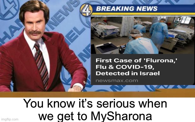 Flurona |  You know it’s serious when
we get to MySharona | image tagged in breaking news,memes,ron burgundy,flu,first world problems,what if i told you | made w/ Imgflip meme maker