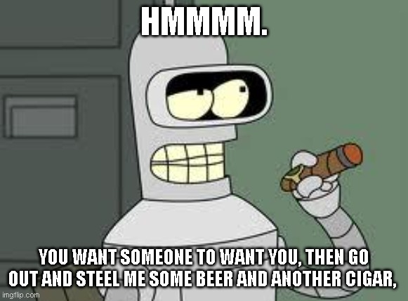 feel lonly , want to be wanted. go get me  a bottle of rum with out paying. you will be wanted for sure lols | HMMMM. YOU WANT SOMEONE TO WANT YOU, THEN GO OUT AND STEEL ME SOME BEER AND ANOTHER CIGAR, | image tagged in bender | made w/ Imgflip meme maker