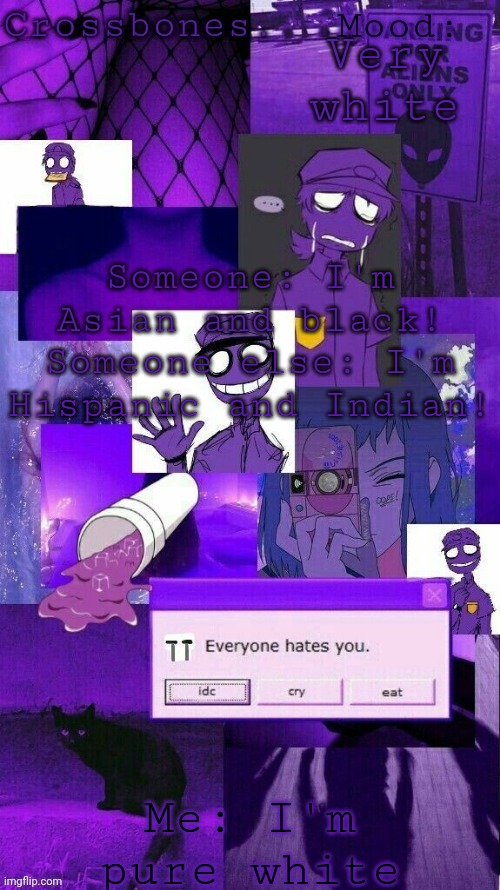 I literally have no other background other than white | Very white; Someone: I'm Asian and black!
Someone else: I'm Hispanic and Indian! Me: I'm pure white | image tagged in crossbones purple guy temp | made w/ Imgflip meme maker