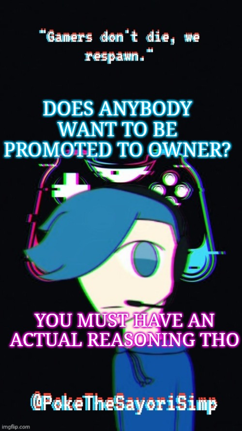 Pokes third gaming temp | DOES ANYBODY WANT TO BE PROMOTED TO OWNER? YOU MUST HAVE AN ACTUAL REASONING THO | image tagged in pokes third gaming temp | made w/ Imgflip meme maker