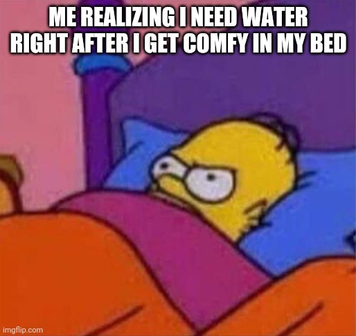 ANGERY |  ME REALIZING I NEED WATER RIGHT AFTER I GET COMFY IN MY BED | image tagged in relatable | made w/ Imgflip meme maker