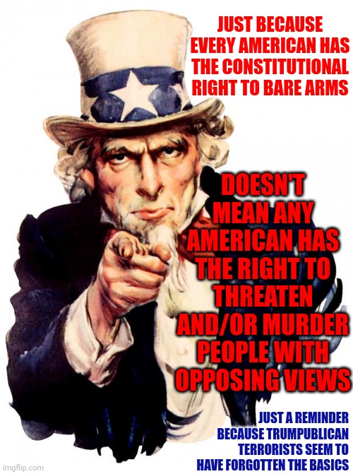 Common Decency And Common Sense Went Out The Window | JUST BECAUSE EVERY AMERICAN HAS THE CONSTITUTIONAL RIGHT TO BARE ARMS; DOESN'T MEAN ANY AMERICAN HAS THE RIGHT TO THREATEN AND/OR MURDER PEOPLE WITH OPPOSING VIEWS; JUST A REMINDER BECAUSE TRUMPUBLICAN TERRORISTS SEEM TO HAVE FORGOTTEN THE BASICS | image tagged in memes,uncle sam,trumpublican terrorists,terrorists,losers,common sense | made w/ Imgflip meme maker