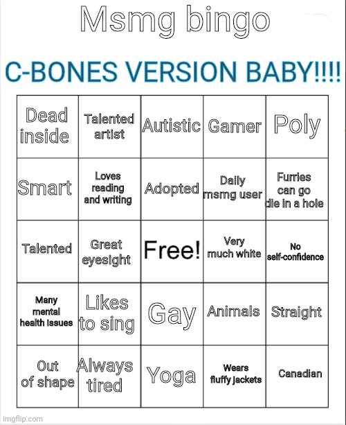 Blank Bingo | C-BONES VERSION BABY!!!! Msmg bingo; Autistic; Talented artist; Poly; Dead inside; Gamer; Adopted; Smart; Furries can go die in a hole; Daily msmg user; Loves reading and writing; Very much white; Talented; No self-confidence; Great eyesight; Many mental health issues; Likes to sing; Straight; Animals; Gay; Always tired; Canadian; Yoga; Out of shape; Wears fluffy jackets | image tagged in blank bingo | made w/ Imgflip meme maker