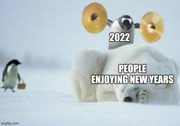 Cymbal of whats to come? | 2022; PEOPLE ENJOYING NEW YEARS | image tagged in penguin with cymbals,wake up | made w/ Imgflip meme maker