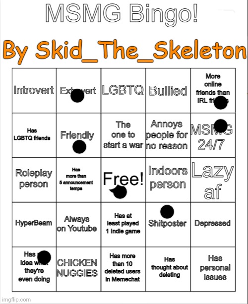 MSMG Bingo(By Skid) | image tagged in msmg bingo by skid | made w/ Imgflip meme maker