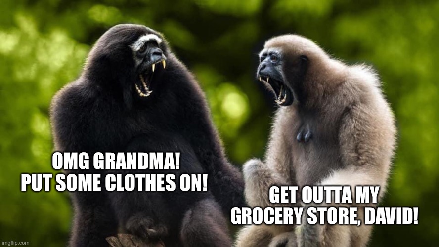 Tantrum grandmas grocery store | OMG GRANDMA! PUT SOME CLOTHES ON! GET OUTTA MY GROCERY STORE, DAVID! | image tagged in tantrum monkeys,grandma,senile,grocery store,david,crazy monkeys | made w/ Imgflip meme maker