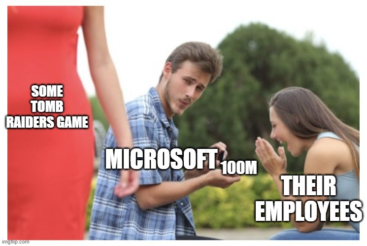 Just to have it as an exclusive for the Xbox. Scott the Woz wasn't happy | SOME TOMB RAIDERS GAME; 100M; MICROSOFT; THEIR EMPLOYEES | image tagged in staring meme,microsoft,xbox,gaming,scott the woz | made w/ Imgflip meme maker