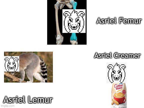 This came into my head while discussing Undertale with my friends at a New Year's party | Asriel Femur; Asriel Creamer; Asriel Lemur | image tagged in blank white template,undertale,bad jokes | made w/ Imgflip meme maker