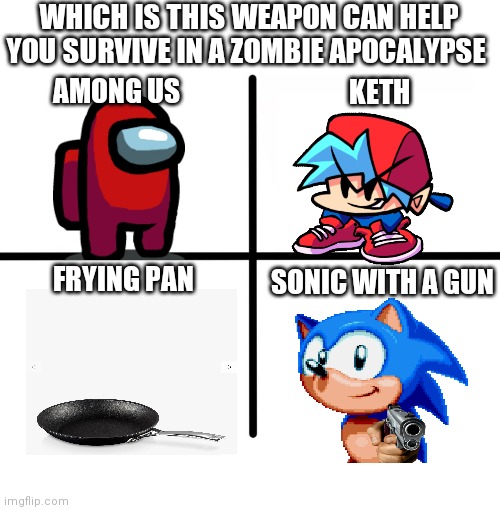 Pick wisely | WHICH IS THIS WEAPON CAN HELP YOU SURVIVE IN A ZOMBIE APOCALYPSE; AMONG US; KETH; FRYING PAN; SONIC WITH A GUN | image tagged in memes,blank starter pack | made w/ Imgflip meme maker