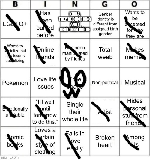 no bingo im just weird asf | KINDA, THEY'RE DIVORCING AND I HEAR THEM ARGUE | image tagged in jer-sama's bingo | made w/ Imgflip meme maker