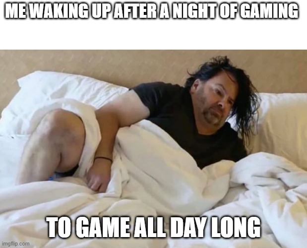 True story | ME WAKING UP AFTER A NIGHT OF GAMING; TO GAME ALL DAY LONG | image tagged in waking up 5 minutes before zoom meeting | made w/ Imgflip meme maker